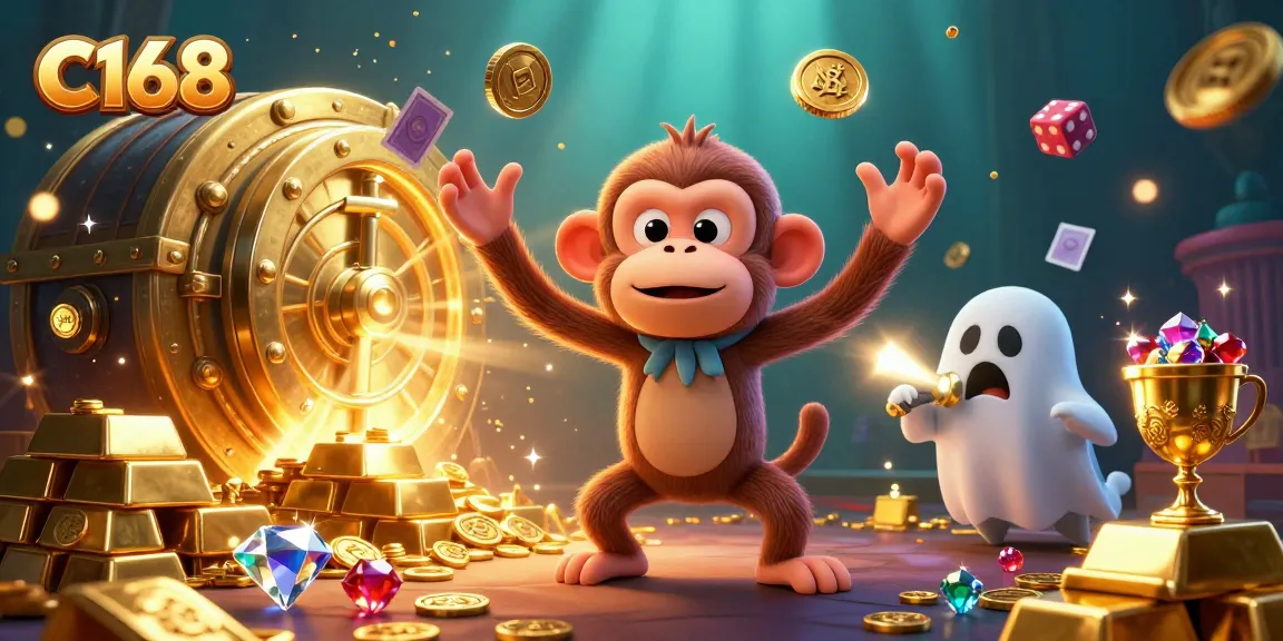 C168 players enjoy a thrilling experience as the mischievous poltergeist monkey juggles golden treasures in a vibrant casino.