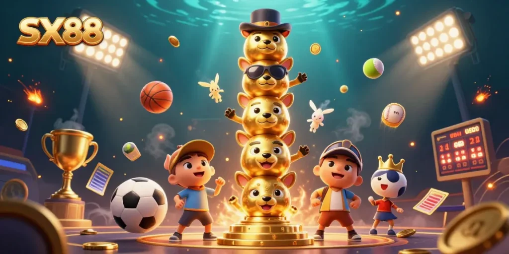 SX88 engages players with dynamic sports betting elements and a lively totem illustration.