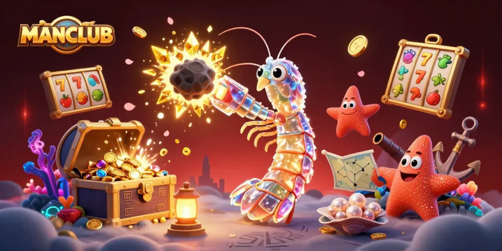 Experience thrilling wins at MANCLUB's explosive 3D casino adventure with golden coins and slot symbols.