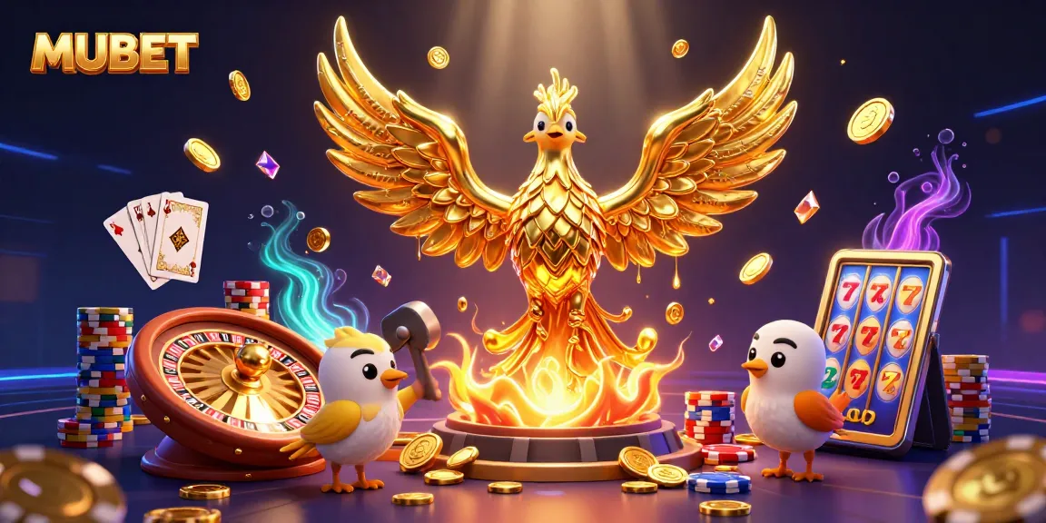 Engage with MUBET at this vibrant casino scene filled with golden wins and colorful gaming elements.