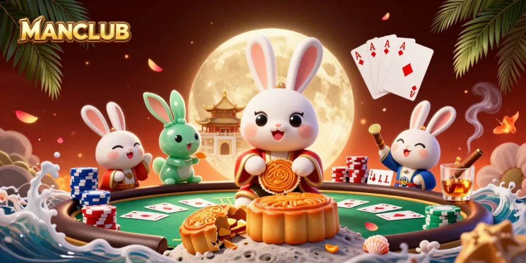 Engage in thrilling gaming action at MANCLUB with a 3D scene showcasing poker chips and a lunar-themed celebration.