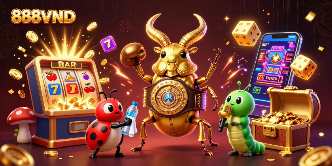 Experience thrilling gameplay at 888VND with a vivid casino showdown featuring a golden stag beetle and jackpot rewards.