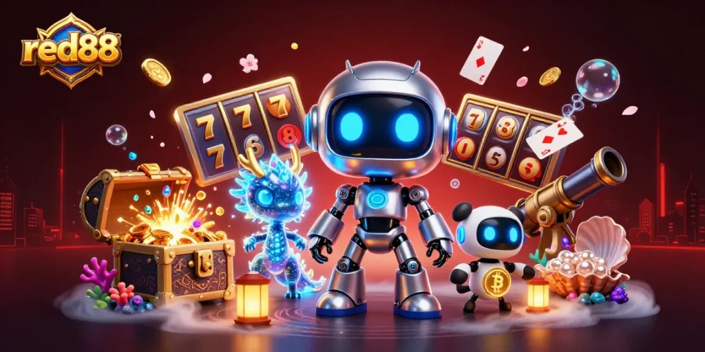 Join the excitement at red88 with a thrilling 3D illustration of a cyberpunk robot and its companions!