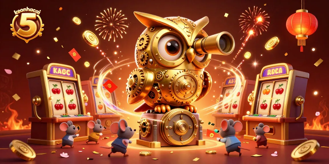 Engage in thrilling gaming with keonhacai 5, featuring a golden owl overseeing lively slot machines and vibrant casino elements.
