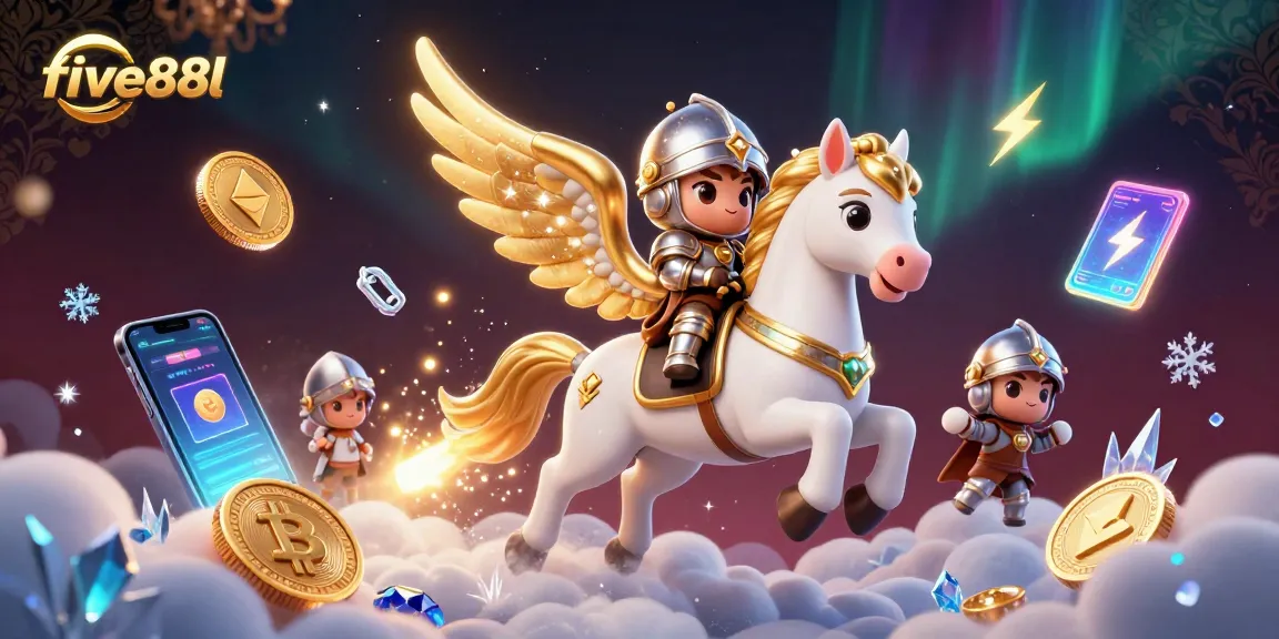 Experience thrilling excitement at five88l as a celestial horse and knight chase Bitcoin in a vibrant casino scene.