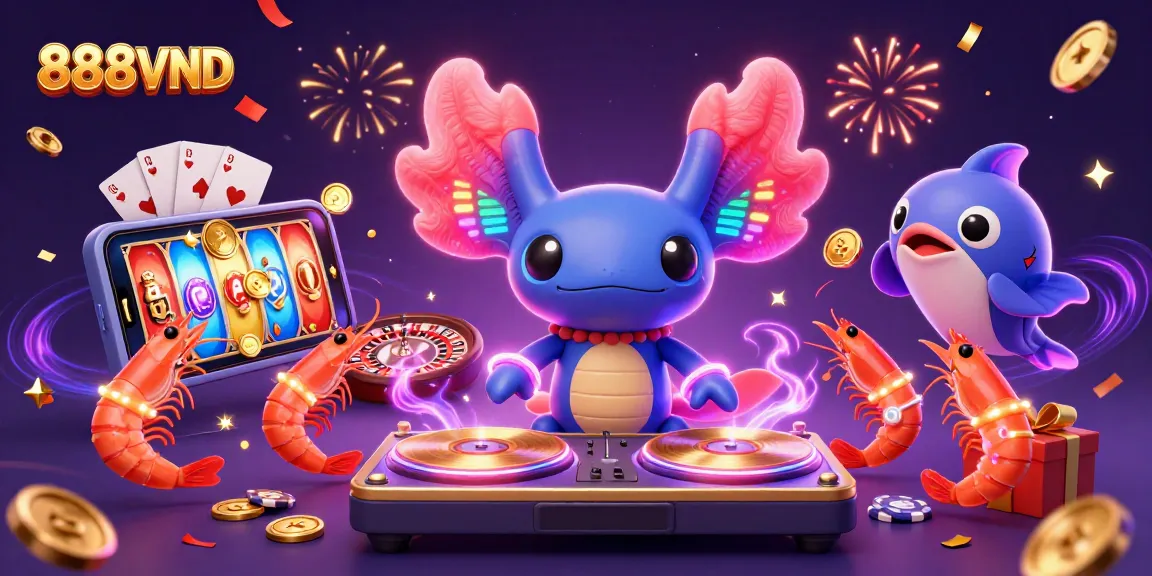 888VND axolotl DJ spinning records and shrimp dancers celebrating casino wins with vibrant energy.