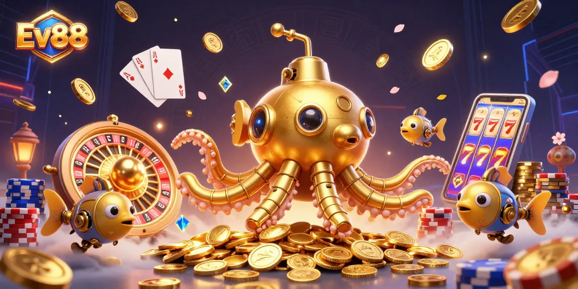 Join Ev88 for thrilling wins as the golden kraken submarine reveals treasures in a vibrant casino setting.