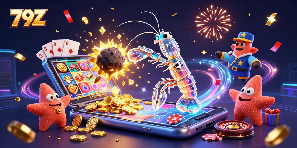 Experience the excitement of 79Z with a 3D illustration of casino elements showcasing vibrant slot games and riches.