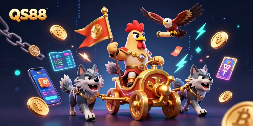 Experience thrilling gameplay with QS88's cartoon rooster warlord in an epic casino adventure.