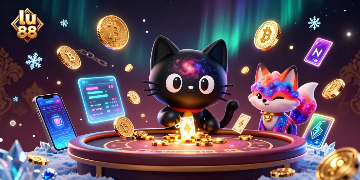 Win big at lu 88 with a vibrant 3D cosmic casino illustration featuring a dynamic black hole cat.