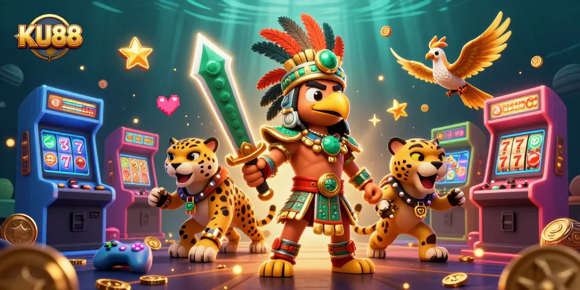Engage with KU88 by exploring an animated casino scene featuring Aztec warriors and vibrant game elements.