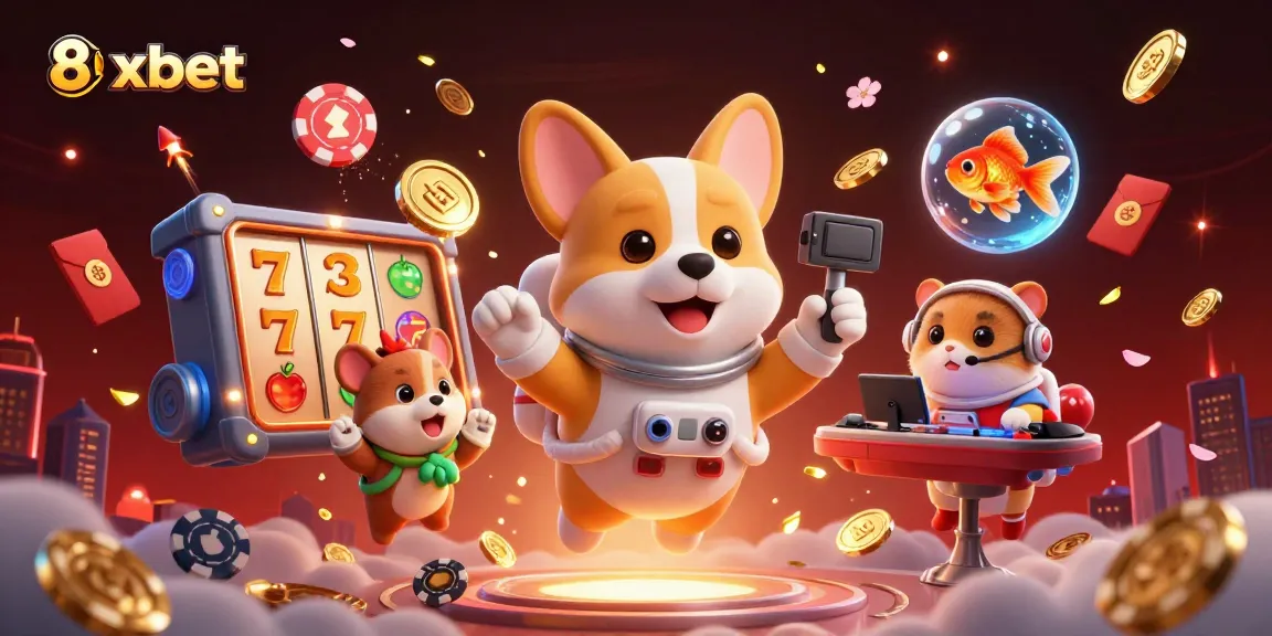 Experience thrilling games at 8xbet with a vibrant floating casino scene featuring a corgi astronaut and dynamic casino elements.