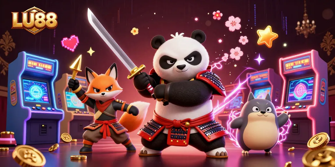 Engage with the vibrant LU88 gaming scene showcasing a samurai panda and ninja fox amidst dynamic casino elements.