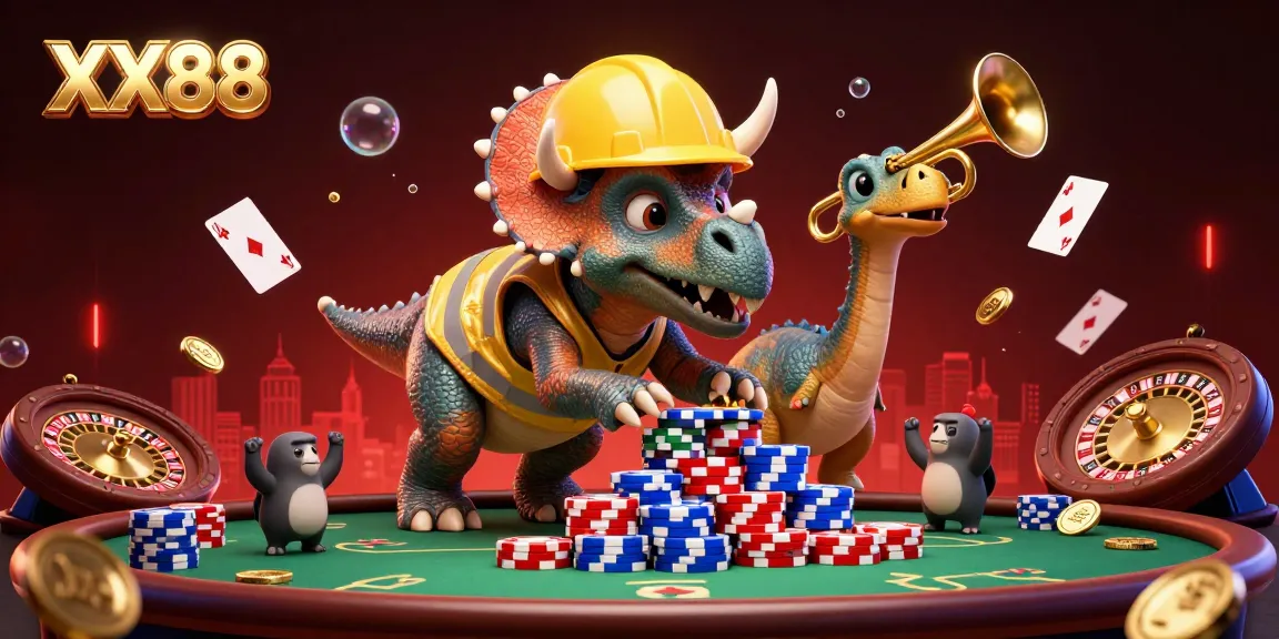 Watch XX88's engaging animation featuring a triceratops stacking poker chips amidst lively casino elements.