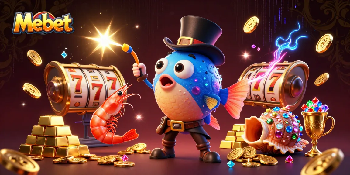 Mebet invites players to win big with vibrant gaming elements featuring a deep-sea anglerfish and treasures.