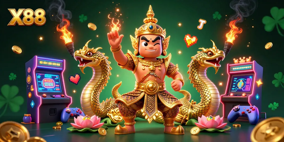 X88 spins vibrant slots, showcasing golden elements and Naga companions in a lively casino scene.