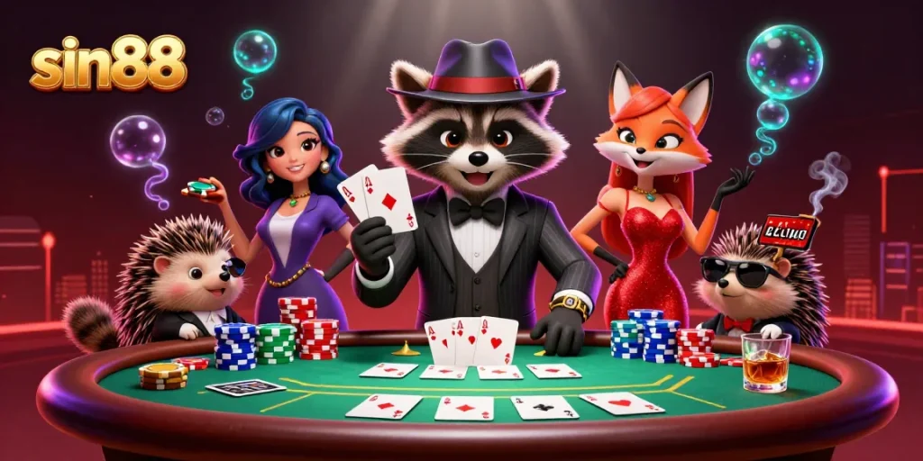Experience the excitement of sin88 with raccoon and fox in a vibrant casino scene.