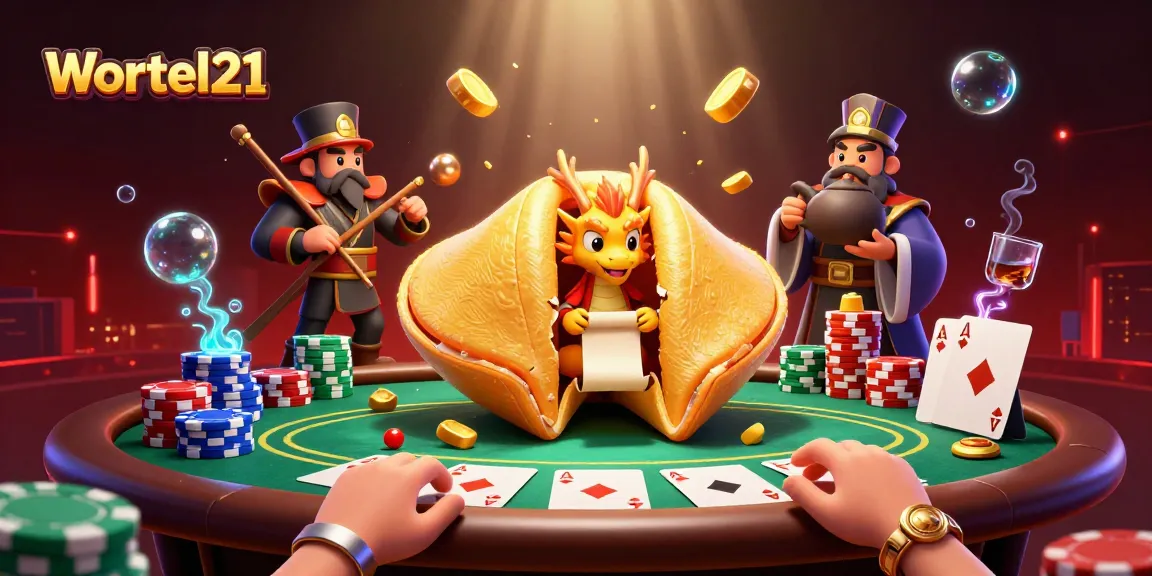 Engage with Wortel21 as a golden fortune cookie reveals its secrets amidst a vibrant casino scene.