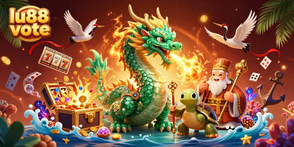 Unleash winning potential with lu88 vote in this dynamic casino-themed illustration.