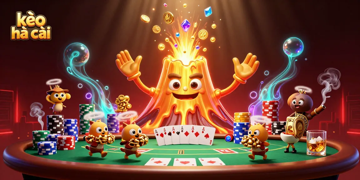 Experience kèo nhà cái with a vibrant 3D illustration of a golden volcano erupting treasures and lively poker elements.