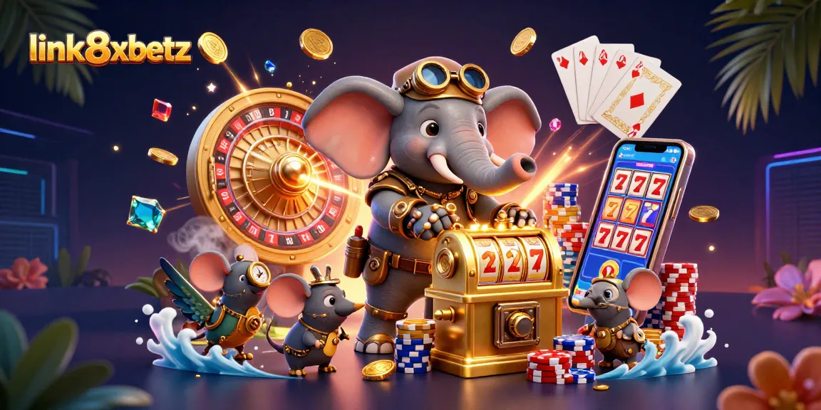 Experience thrilling gaming action with link8xbetz in a vibrant 3D casino illustration of a steampunk slot machine.