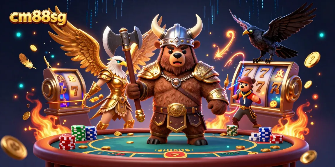 Experience thrilling gameplay at cm88sg with a Viking bear and Valkyrie in a lively casino setting.