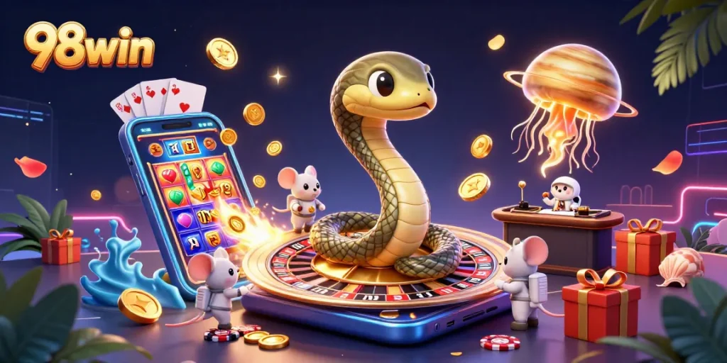 Place bets with 98win at a cosmic casino featuring animated characters and vibrant gaming elements.