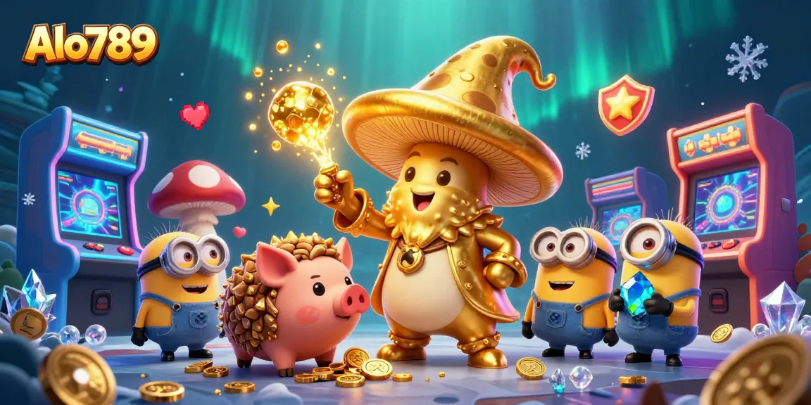 Alo789 captivates players with an immersive illustration of a magical casino adventure featuring a whimsical wizard and treasure-seeking pig.