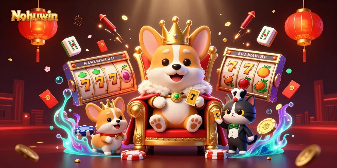 Nohuwin enthralls with dynamic casino action featuring corgis and golden elements in a vibrant scene.