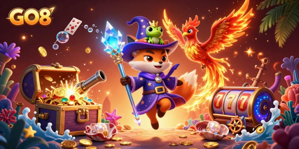 Experience the thrilling action at GO8 with dazzling gold coins and vibrant casino elements!