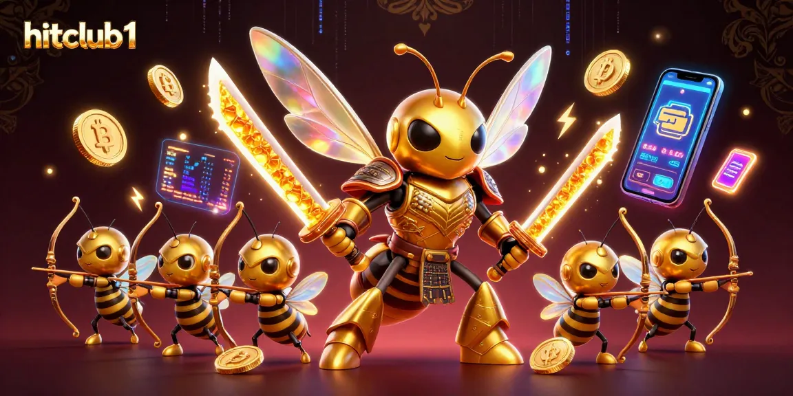 Engage with hitclub1's dynamic casino scene featuring a golden hornet samurai surrounded by neon crypto elements.