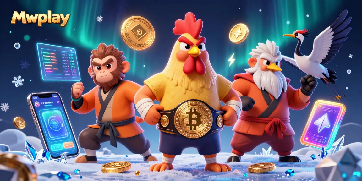 Engage in thrilling games at Mwplay, where a 3D rooster, monkey, and crane illustrate casino excitement.