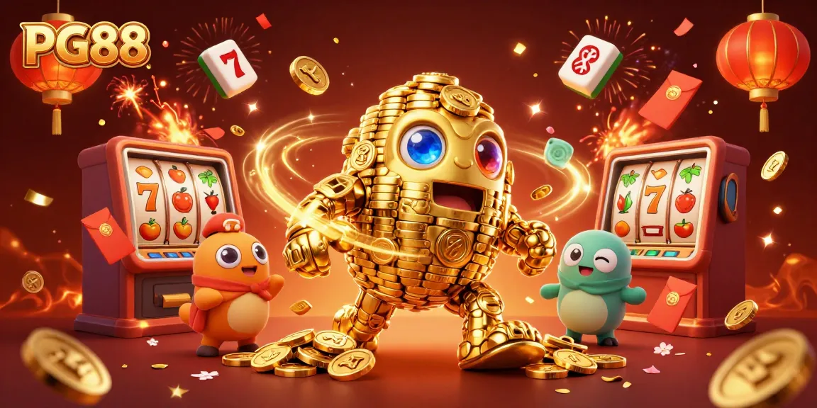 Experience exciting gaming with PG88, featuring a dynamic golem amidst slot reels and festive elements.
