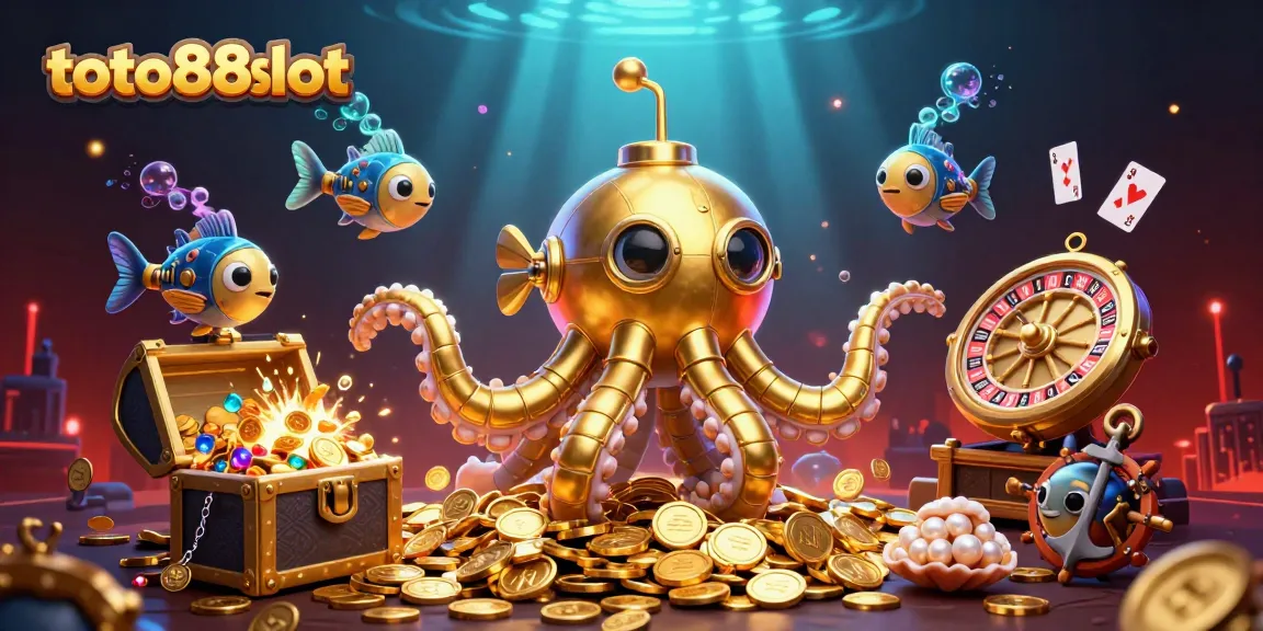 Toto88slot players enjoying fast access without VPN, with a golden kraken submarine and coins.