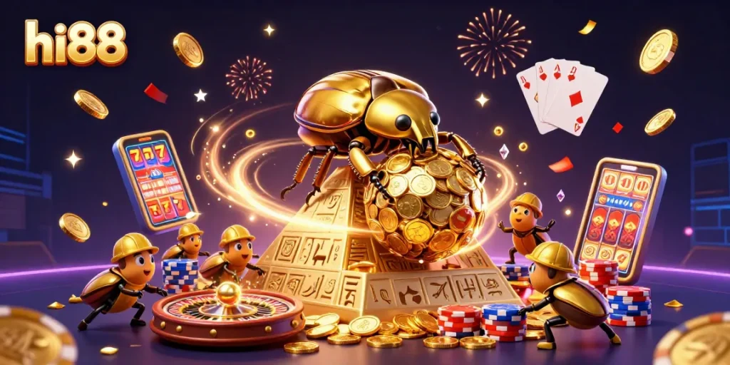 Experience the fun of hi88 casino with vibrant scenes of winning, gold coins, and cheerful beetles.