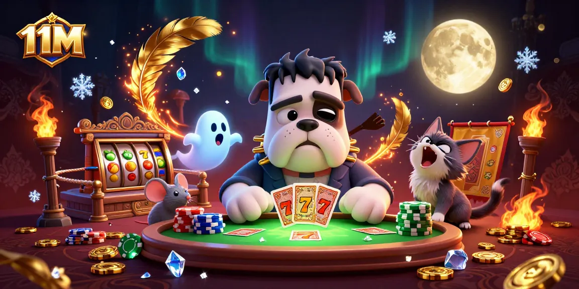 Experience the thrill of 11M with a spooky casino scene featuring a bulldog monster and magical elements.