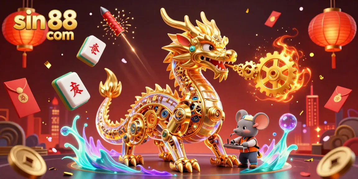 Engage with sin 88 com in this vibrant 3D dragon casino illustration, showcasing mahjong tiles and festive elements.