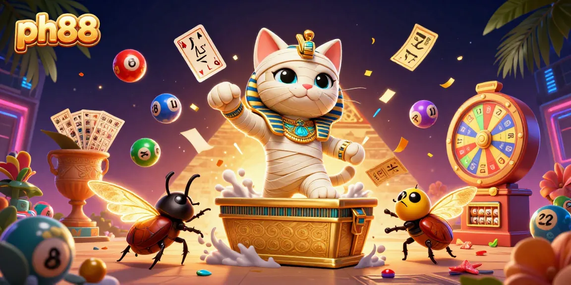 Win big at ph88 with a vibrant scene of an Egyptian mummy cat and glowing scarab beetle bursting from a casino sarcophagus.