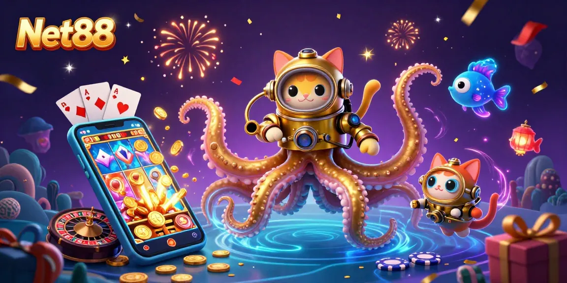 Engage with Net88's vibrant casino adventure featuring a lively kraken, diving cat, and spinning slot games.