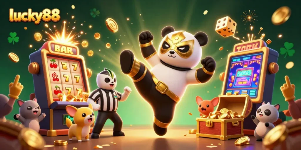 Experience lucky88 excitement with a panda wrestler flying high amidst a jackpot explosion in a vibrant casino.