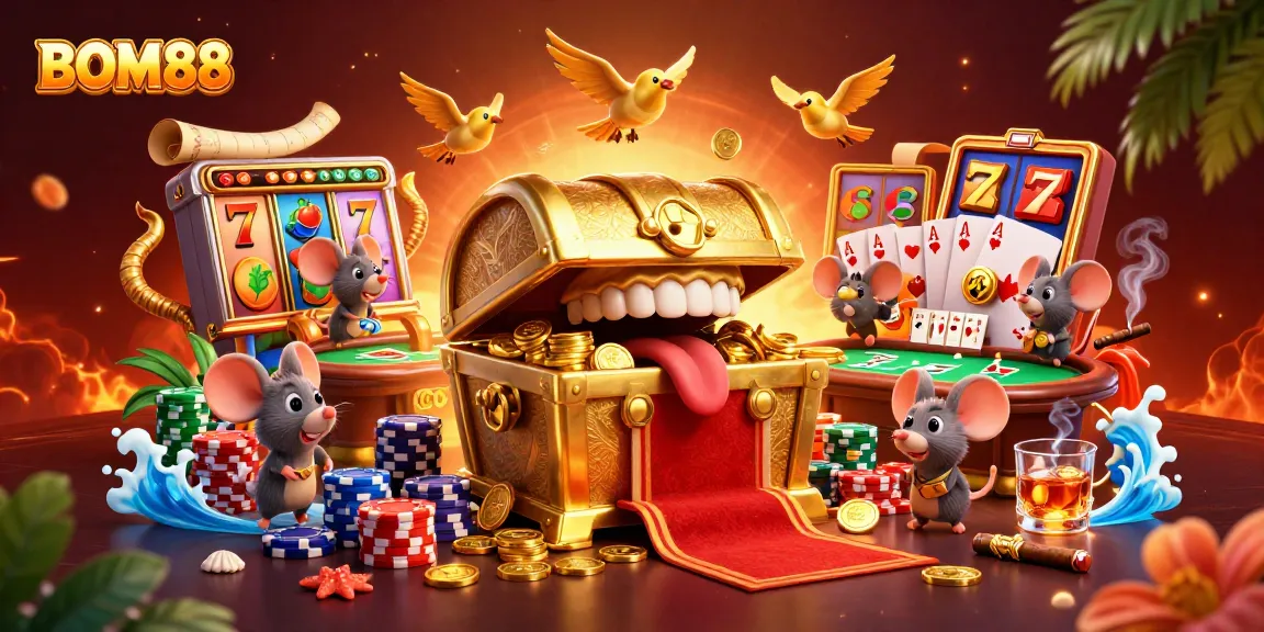Engage with BOM88's vibrant online casino experience filled with slot reels and dynamic game elements.