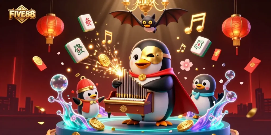 Experience the dynamic world of FIVE88 with a rich, colorful 3D casino illustration featuring gaming elements and vibrant characters.