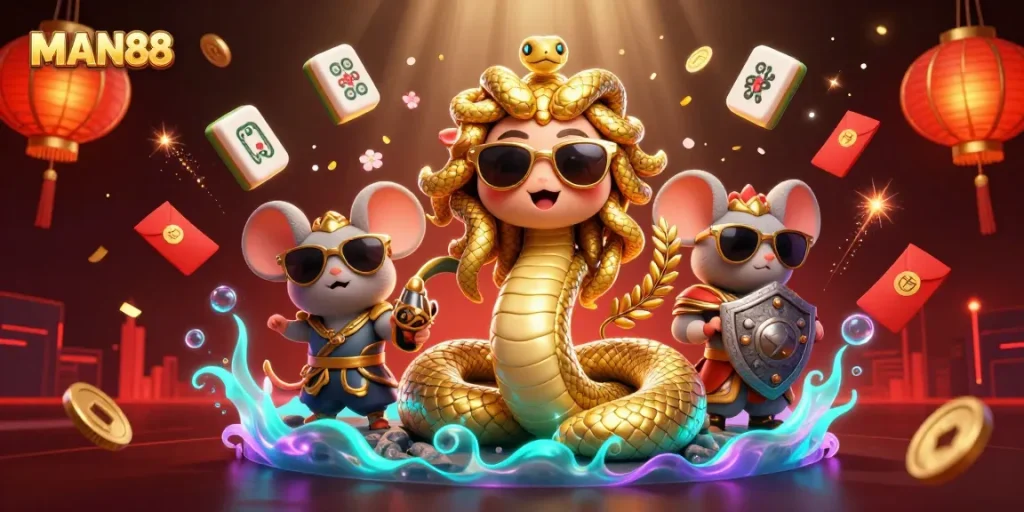 Engage with thrilling games at MAN88, featuring dynamic illustrations and vibrant casino elements.