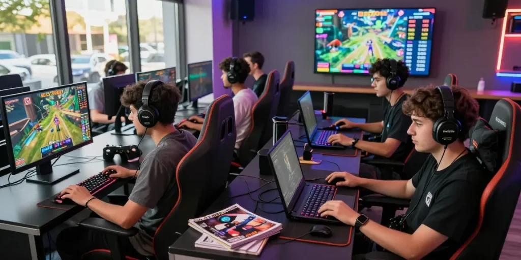 Engaging gamers using Slot7000 platform in vibrant gaming lounge
