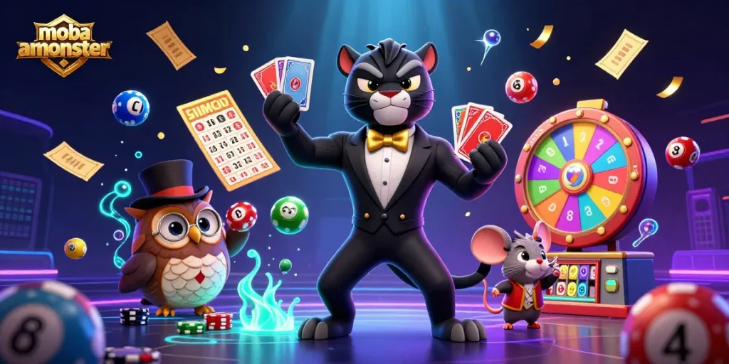 Experience thrilling gameplay at mobamonster with animated characters and exciting lottery elements.