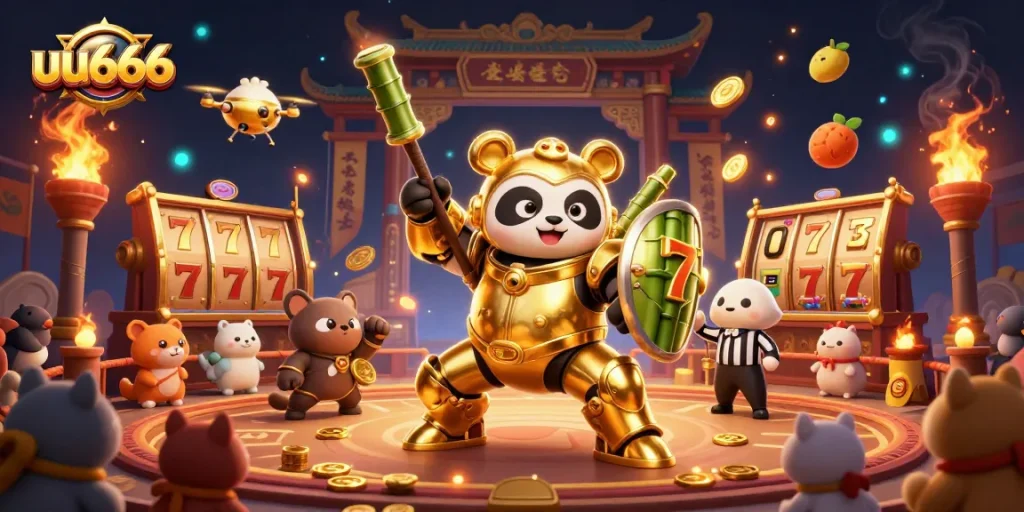 Experience thrilling action at uu666 with a golden panda robot battling in a vibrant gambling arena.