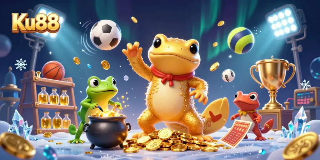 Experience the thrill of Ku88 with gold coins and sports action in this vibrant 3D illustration.