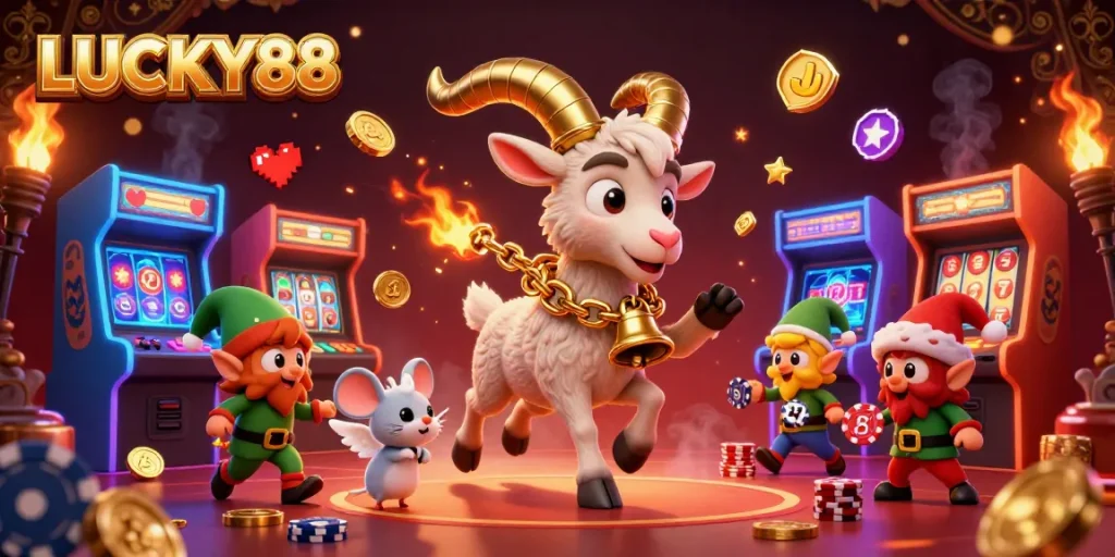 LUCKY88 casino illustration featuring Krampus, angel mouse, and elf gremlins amidst vibrant slot game elements.