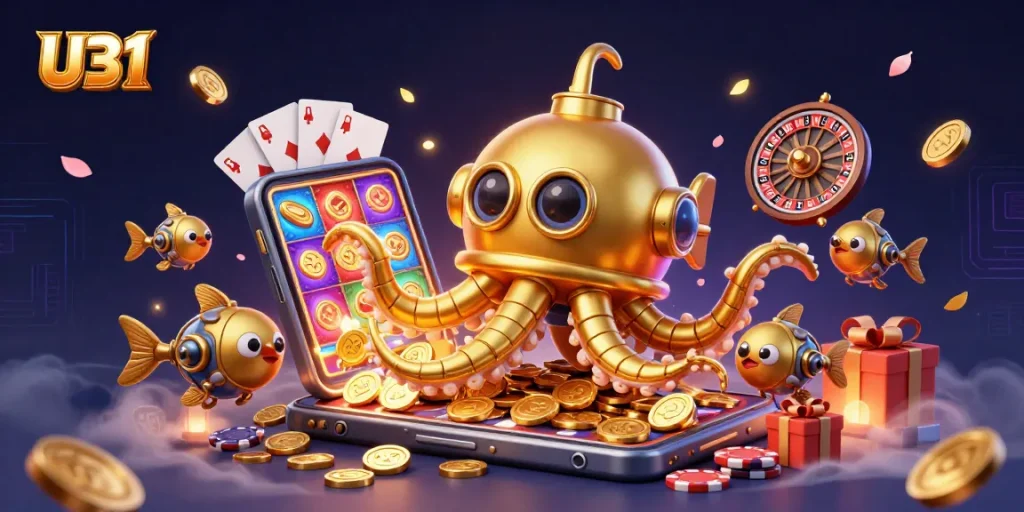 Engage with U31's vibrant gaming experience, featuring a golden kraken and slot games among golden coins.