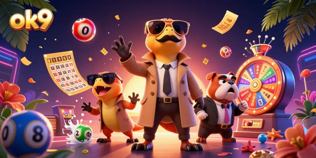 Experience the excitement of ok9 with dynamic lottery balls and a humorous raptor scene in a casino.
